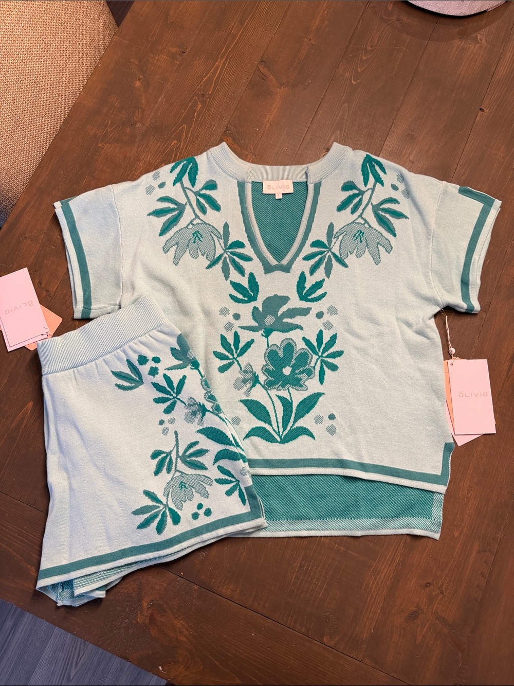NWT Alivia Ella Top & Jesse Short Matching Mint Palmetto Floral Jacquard Set L